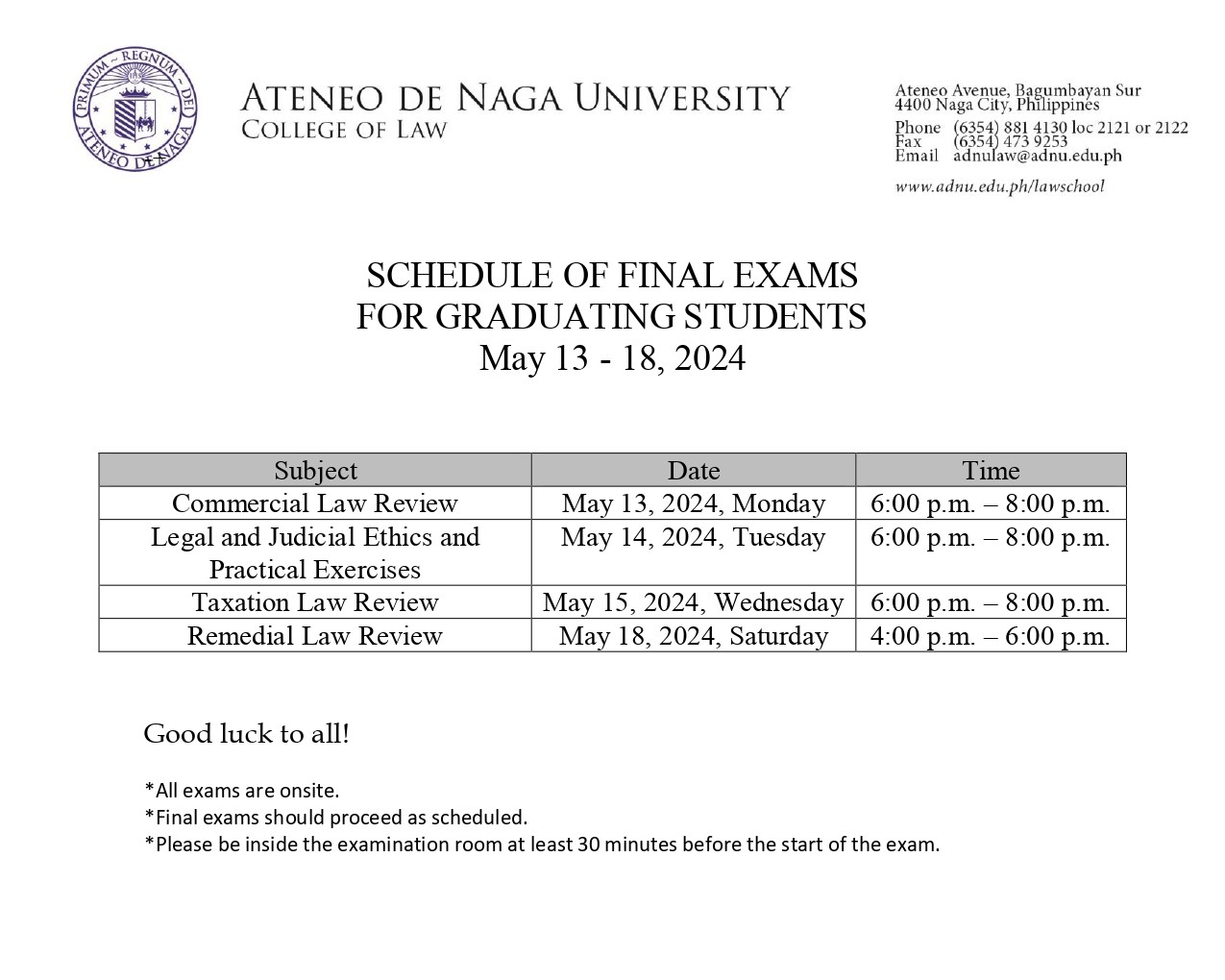 SCHEDULE OF FINAL EXAMS  FOR GRADUATING STUDENTS