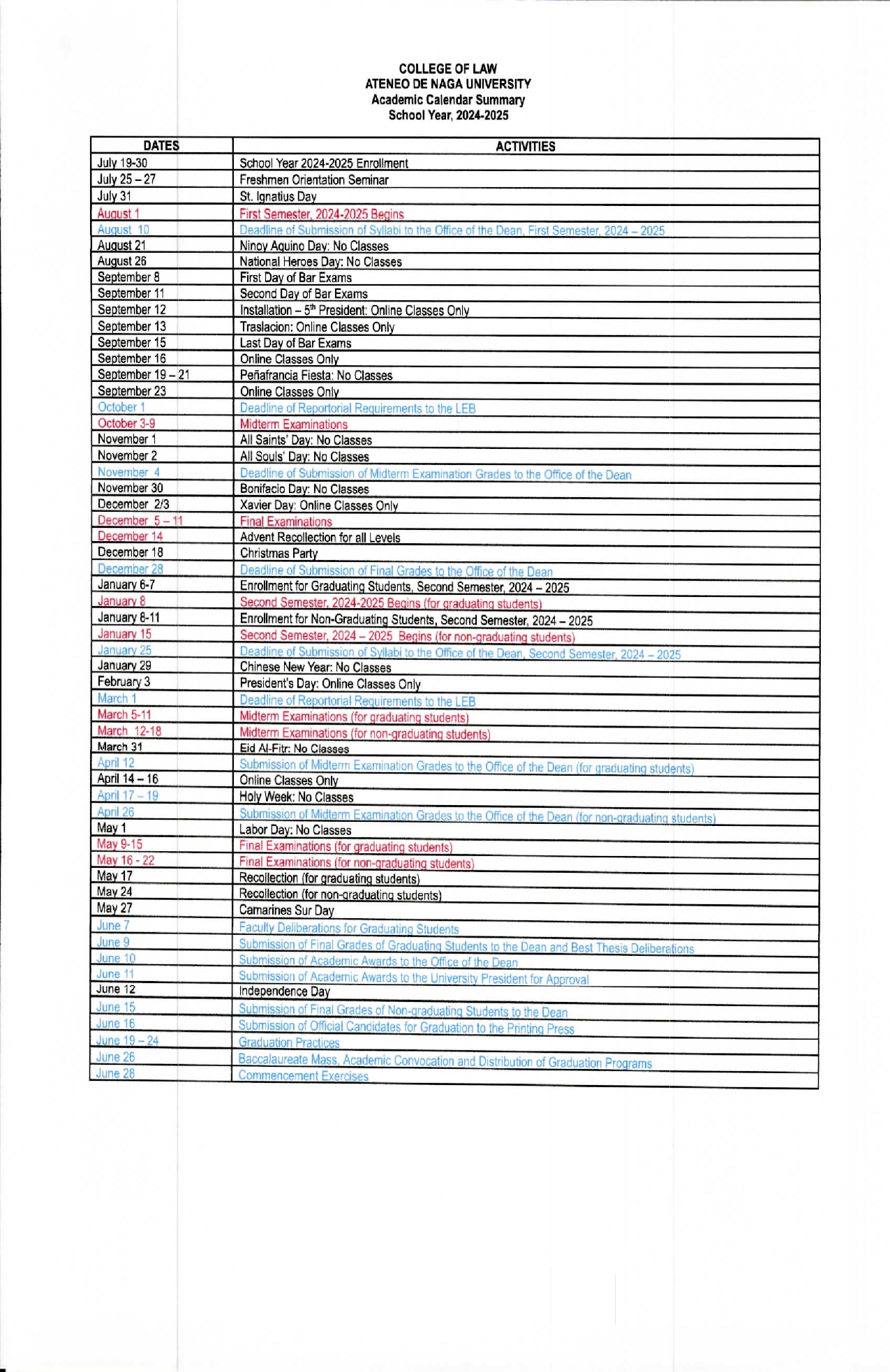 COL Calendar and Syllabus Template 1st Sem SY 2024-2025