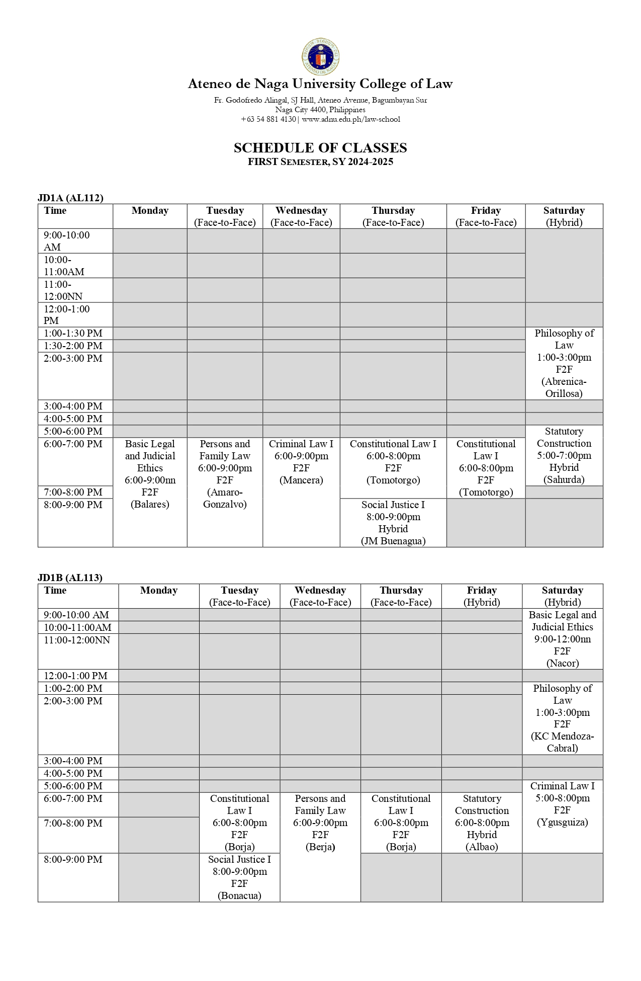 COL Schedule of Classes 1st Sem SY 2024-2025