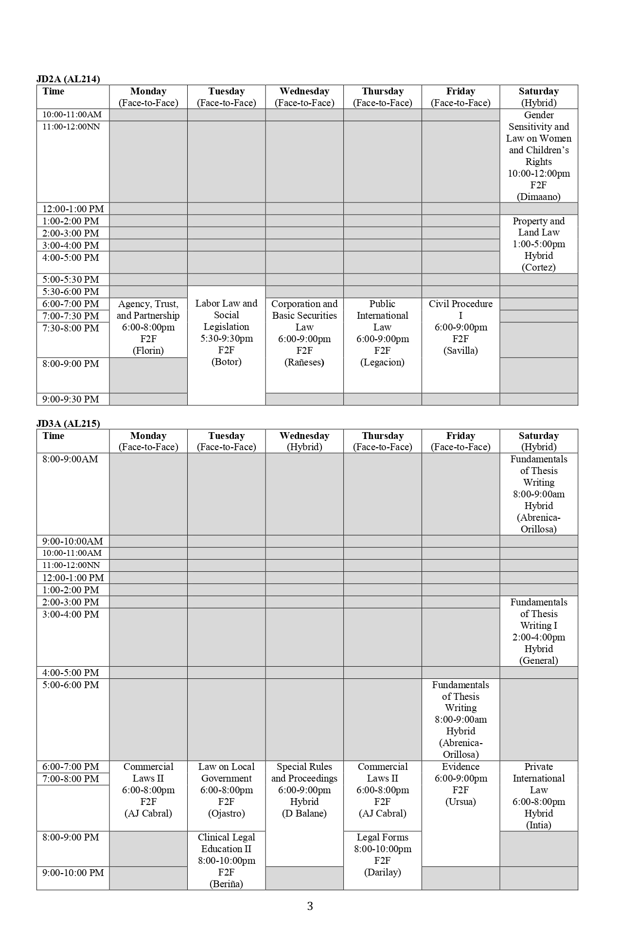 COL Schedule of Classes 1st Sem SY 2024-2025