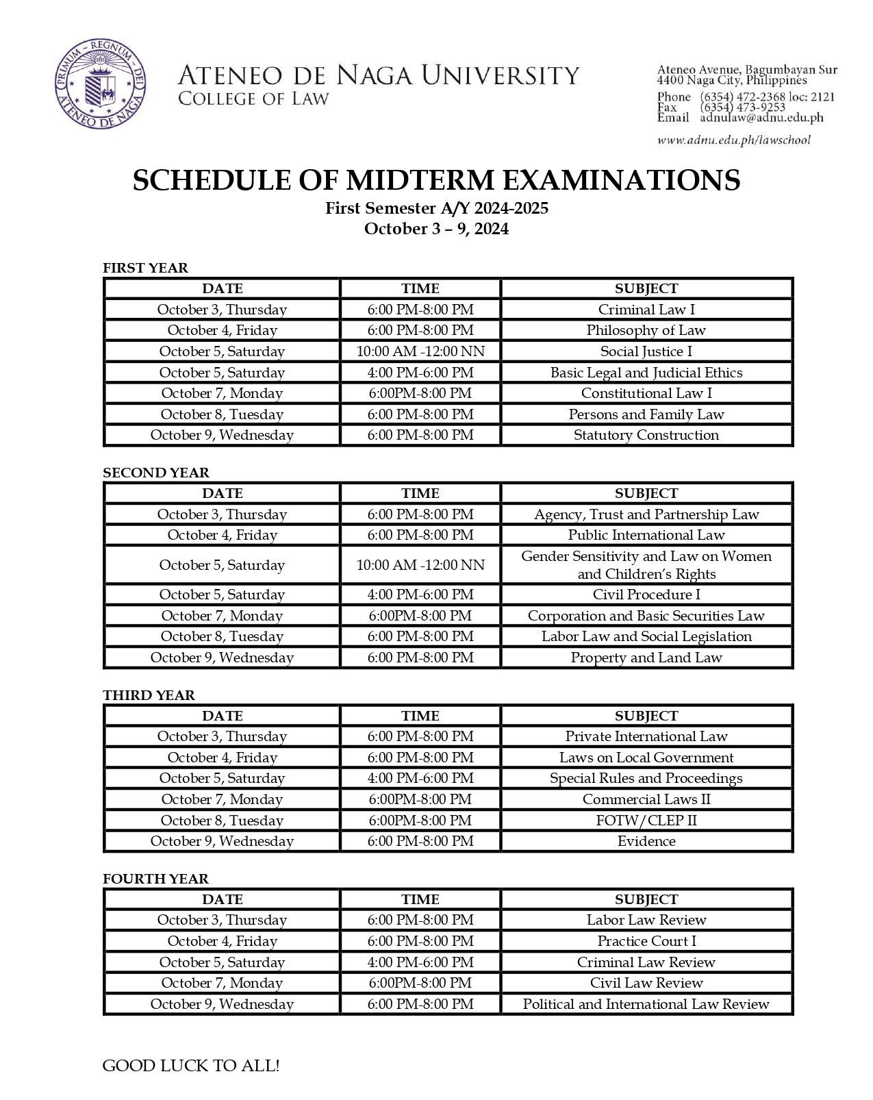 2024-2025 First Semester Midterm Examinations Schedule