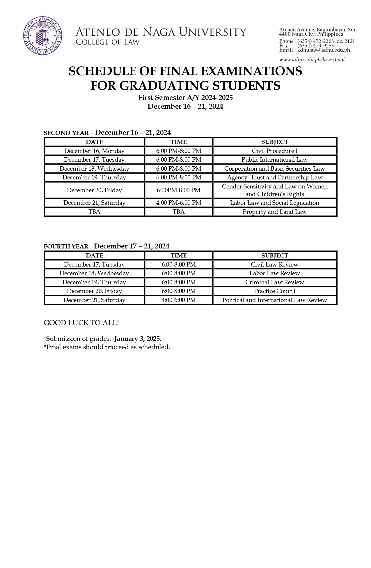 SCHEDULE OF FINAL EXAMINATIONS  FOR GRADUATING STUDENTS