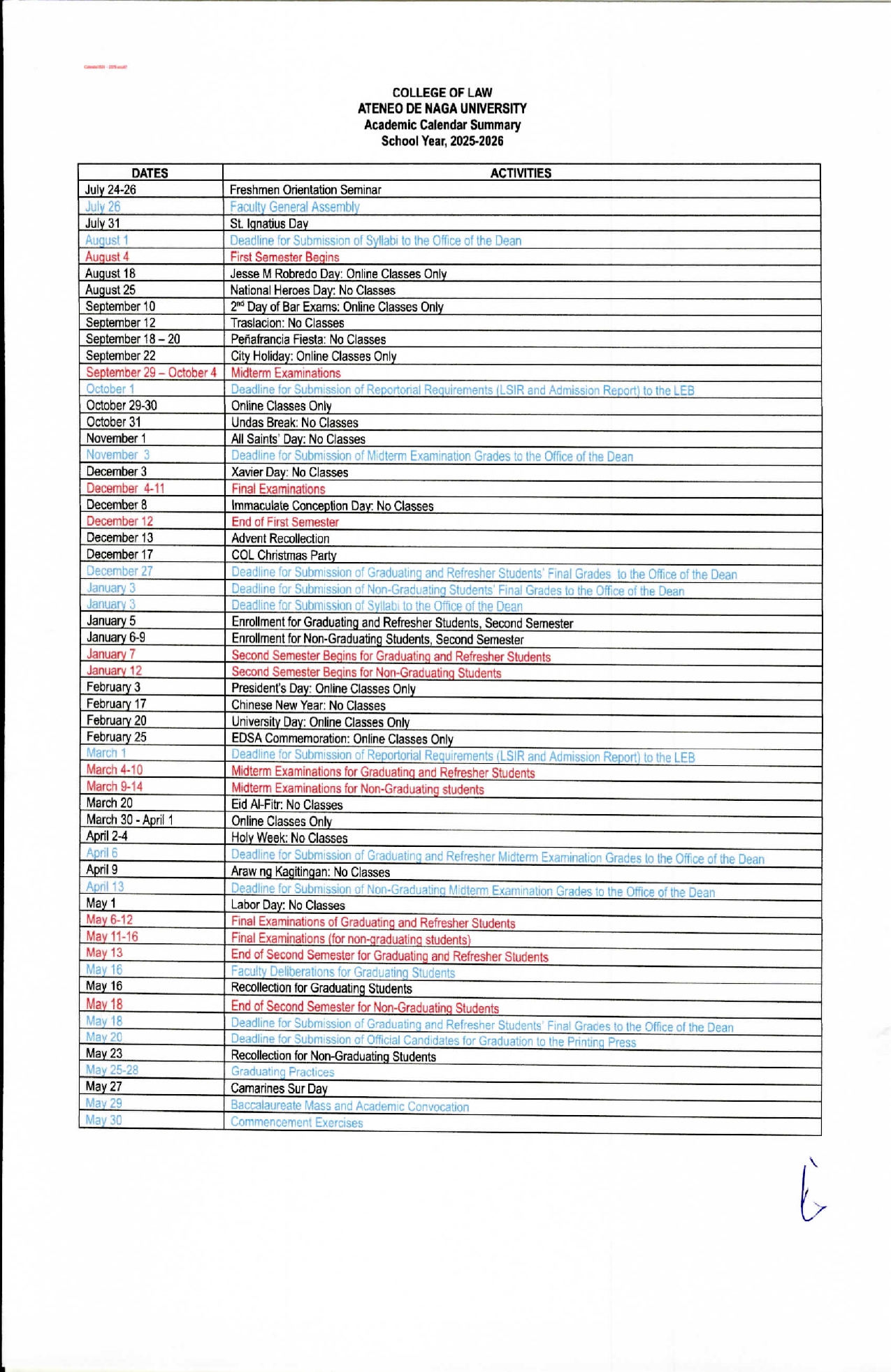 COL Calendar 2025-2026