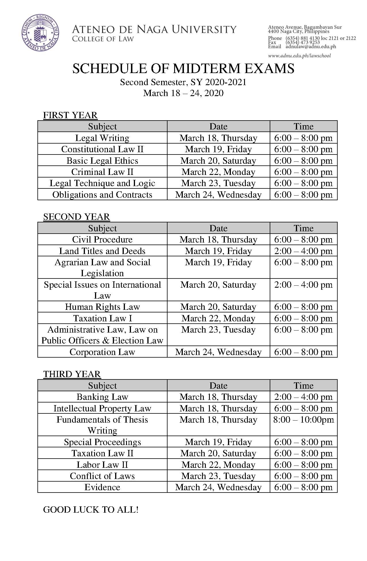 Schedule of Midterm Exams