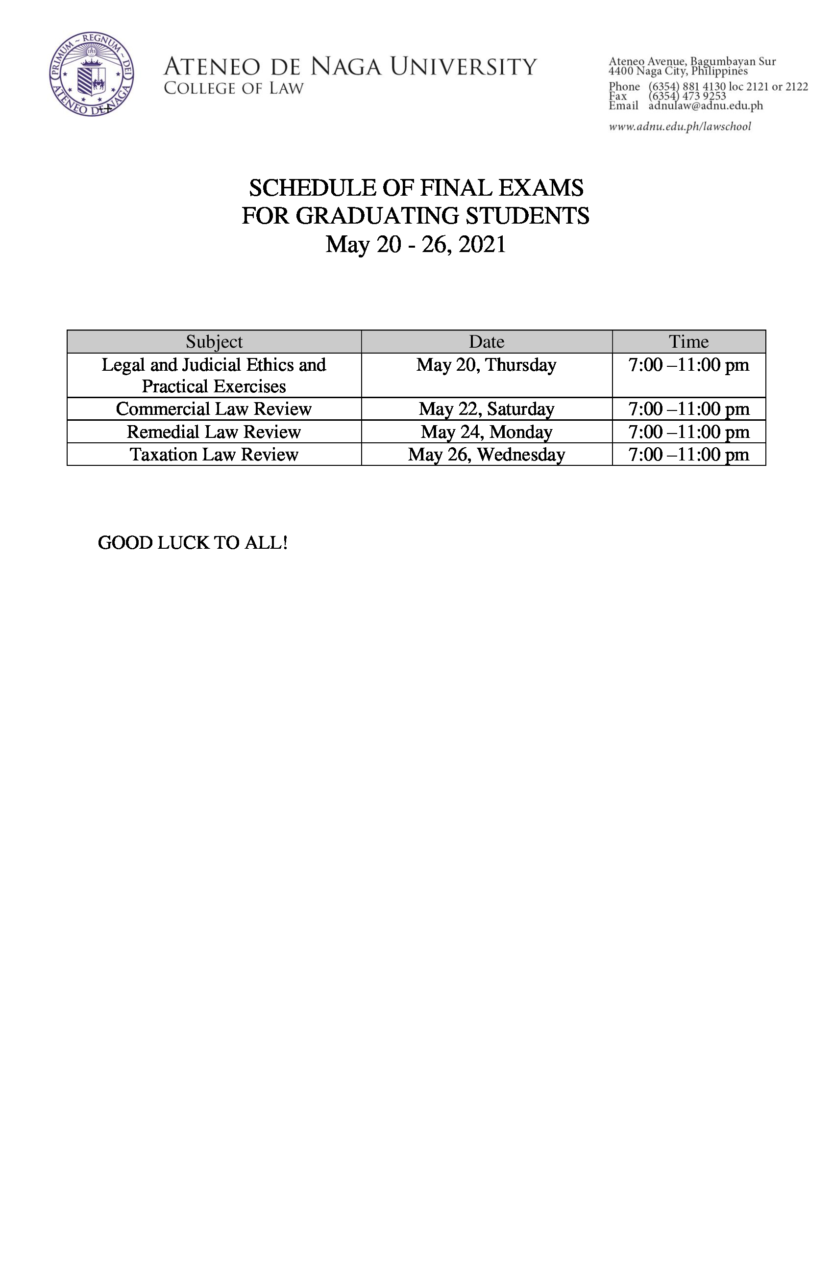Final Examinations Schedule for Graduating Students