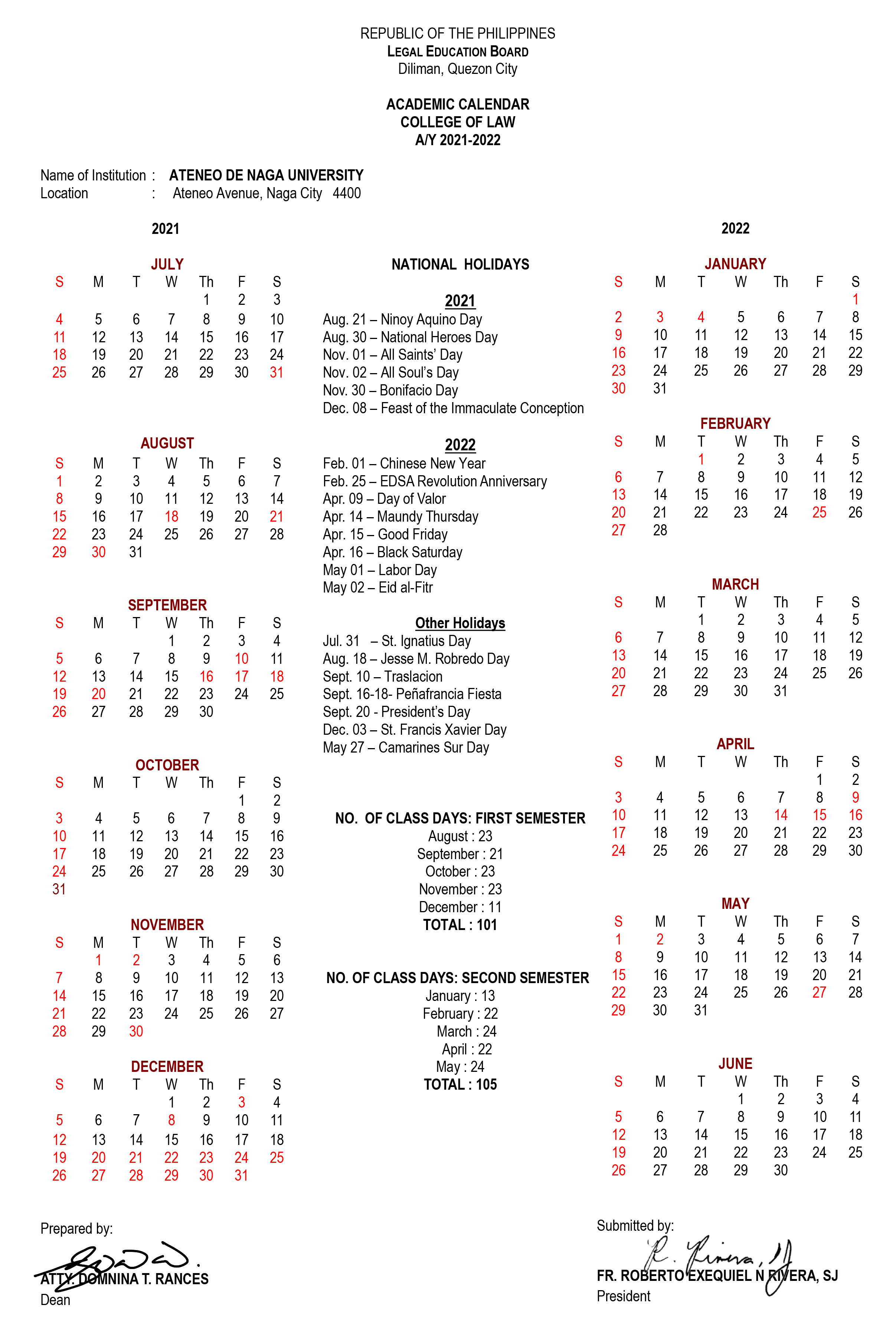 COL Academic Calendar AY2021-2022-1
